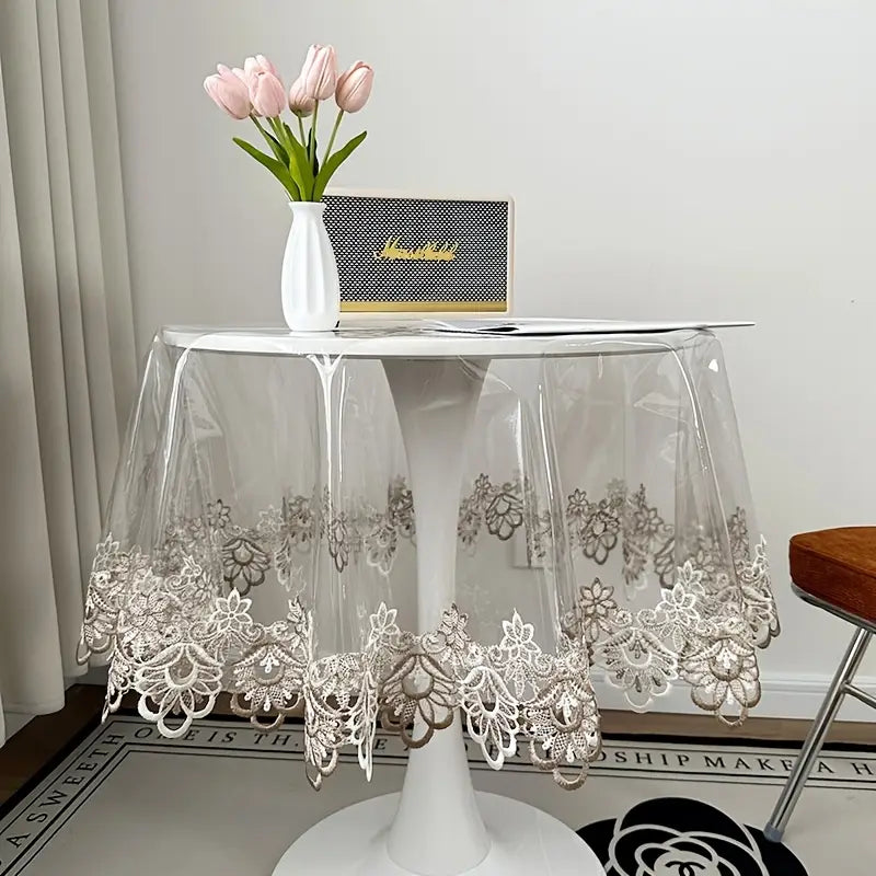 Glass Look Round Table Cover with Lace
