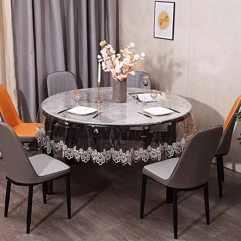 Glass Look Round Table Cover with Lace