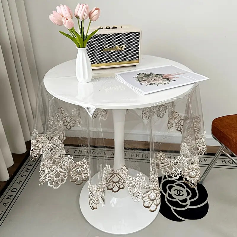Glass Look Round Table Cover with Lace